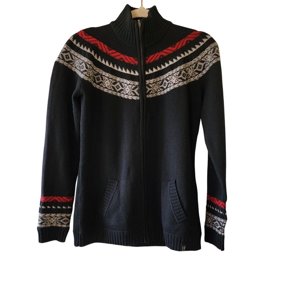 Neve Nordic Wool Blend Full-Zip Sweater Jacket L Black Red Gray Pattern